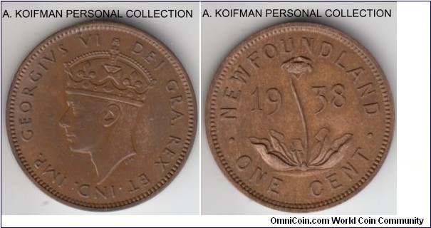 KM-18, 1938 Newfoundland cent; bronze, plain edge; light brown good extra fine to about uncirculated.