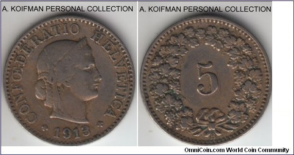 KM-26, 1913 Switzerland 5 rappen; copper-nickel, plain edge; good fine.