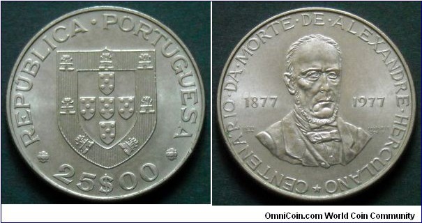 Portugal 25 escudos.
1977, 100th Anniversary of the Death of Alexandre Herculano.