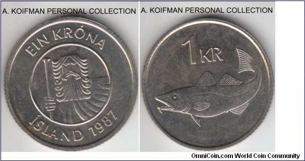 KM-27, 1987 Iceland krona; copper-nickel, reeded edge; average uncirculated.