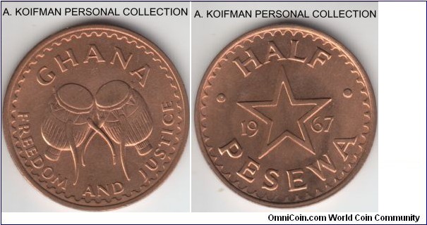 KM-12, 1967 Ghana 1/2 pesewa; bronze, plain edge; red uncirculated.