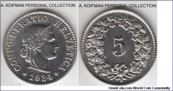 KM-26b, 1934 Switzerland 5 rappen; nickel, plain edge; extra fine or so, but may have been cleaned, hard to know with the nickel coins.