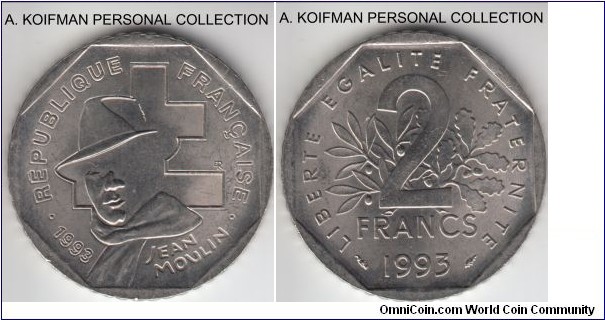 KM-1062, 1993 France 2 francs; nickel, reeded edge; Jean Moulin circulation commemorative, better than average uncirculated.