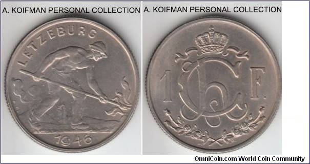 KM-46.1, 1946 Luxembourg franc; copper-nickel, reeded edge; average uncirculated.