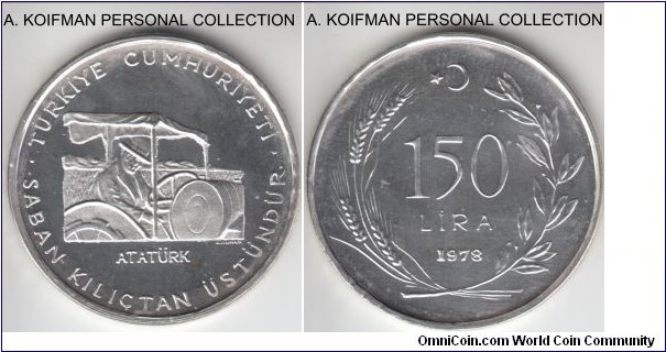 KM-918.2, 1978 Turkey 150 lira; proof, silver, lettered and ornamented edge; Ataturk on the tractor, bright white cameo coin, scarce mintage 2,500.