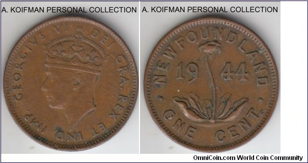 KM-18, 1944 Newfoundland cent, Ottawa mint (C mint mark); bronze, plain edge; lighter brown very fine.