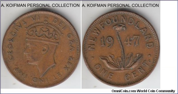 KM-18, 1947 Newfoundland cent, Ottawa mint (C mint mark); bronze, plain edge; very fine for wear, a bit dirtier than usual, last year of mintage.