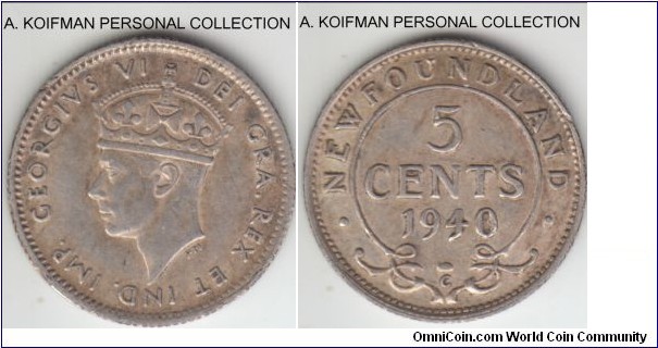 KM-19, 1940 Newfoundland 5 cents, Ottawa mint (C mint mark); silver, reeded edge; about extra fine, some rim impacts on reverse.