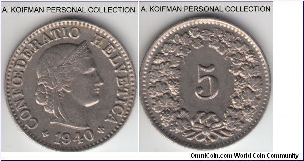 KM-26, 1940 Switzerland 5 rappen; copper-nickel, plain edge; very fine to extra fine.