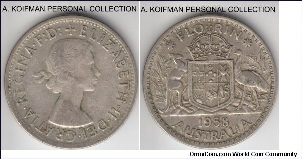 KM-60, 1958 Australia florin, Melbourne mint; silver, reeded edge; good fine to very fine.