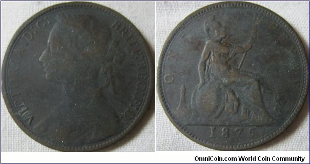 1875 H penny, low grade
