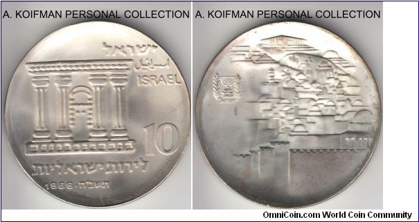 KM-51, 1968 Israel 10 lirot; silver, incuse lettered edge, concave flan; 20'th Anniversary of Independence issue, relatively large mintage of 49,996 plus significant proof issue as well, still highly desirable, in original pouch of issue. It has a wide gap in the edge enscription between mem and dalet letters in MDINT (STATE) in the edge description, have not seen these before.
