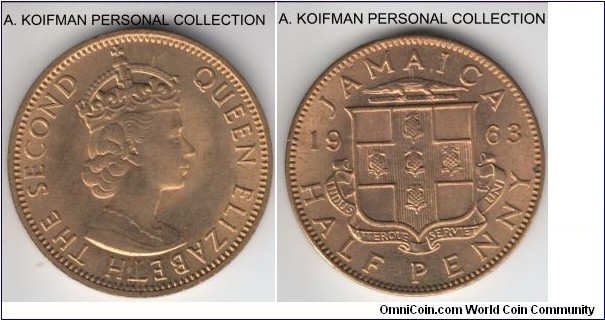 KM-36, 1963 Jamaica half penny; nickel-brass, plain edge; reddish uncirculated.