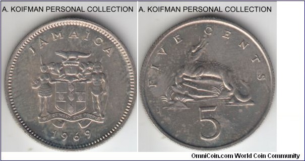 KM-46, 1969 Jamaica 5 cents; copper-nickel, reeded edge; sharp struck uncirculated, some toning.