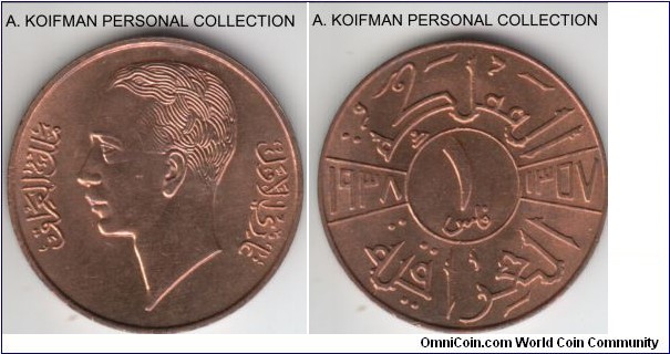 KM-102, 1938 Iraq fils; bronze, plain edge; brilliant uncirculated coin, a couple of places with color change, this is a more common Royal mint issue.