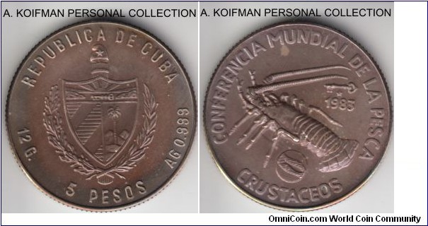 KM-111, 1983 Cuba 5 pesos; silver, reeded edge; FAO commemorative - spiny lobster, unusually toned from the original FAO cardboard issue, small mintage of 5,000.