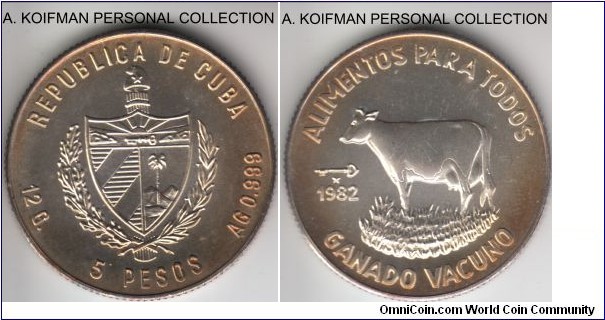 KM-103, 1982 Cuba 5 pesos; silver, reeded edge; FAO commemorative - cow, lightly toned, from the original FAO cardboard issue, small mintage of 4,177.