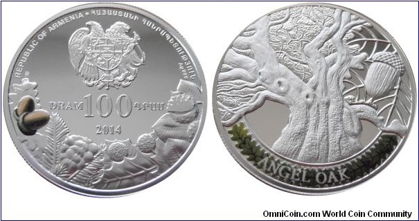 100 Dram - Angel Oak tree - 31.1 g 0.999 silver Proof - mintage 1,500