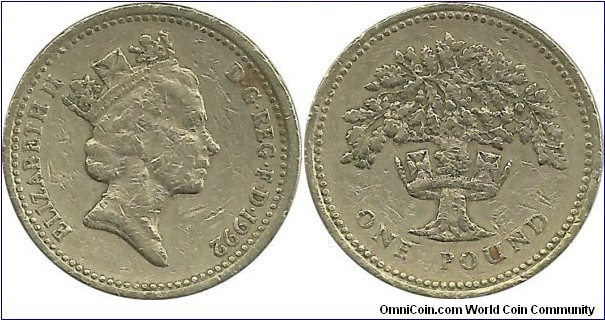 U.Kingdom 1 Pound 1992-Oak tree and Royal Diadem-England