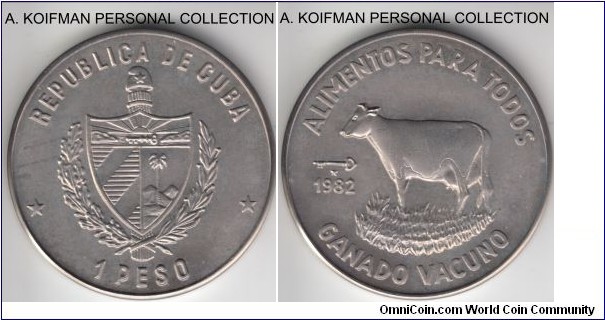 KM-95, 1982 Cuba peso; copper-nickel, plain edge; FAO commemorative cow, pleasantly toned, from the original FAO cardboard issue, mintage 5,684.