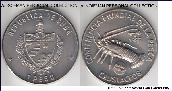 KM-107, 1983 Cuba peso; copper-nickel, plain edge; World Fisheries Conference - spiny lobster, lightly toned specimen from the original FAO cardboard issue, mintage 5,000.