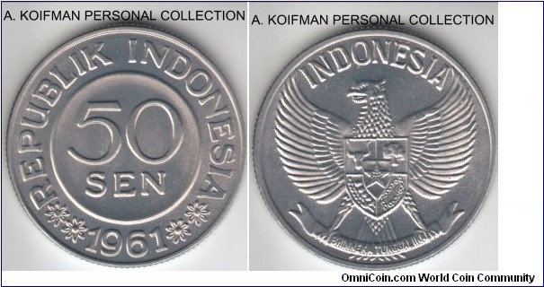 KM-14, 1961 Indonesia 50 sen; aluminum, reeded edge; bright white uncirculated.