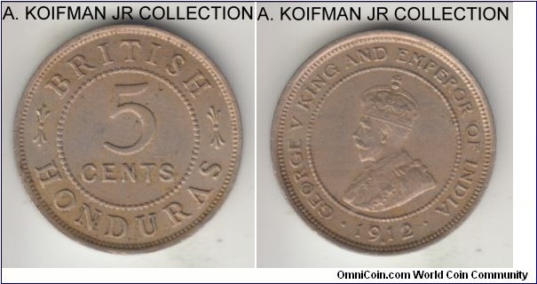 KM-16, 1912 British Honduras 5 cents, Heaton mint (H mint mark); copper-nickel, plain edge; George V, mintage 20,000, borderline uncirculated.