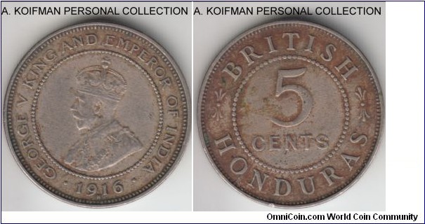 KM-16, 1916 British Honduras 5 cents, Heaton mint (H mint mark); copper-nickel, plain edge; good very fine details, but cleaned as most of the copper-nickel issues of the time, still scarce even in such condition with mintage of only 20,000.