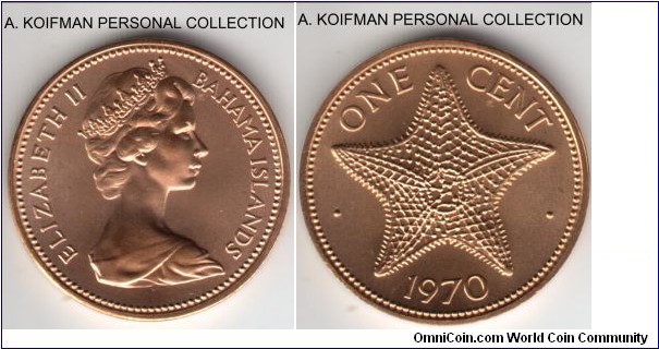 KM-15, 1970 Bahamas cent; bronze, plain edge; very nice bright brilliant uncirculated specimen of somewhat smaller mintage of 150,000.