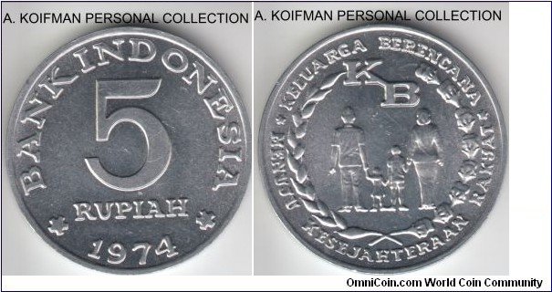 KM-37, 1974 Indonesia 5 rupiah; aluminum, plain edge; bright average uncirculated, Family Planning Program.