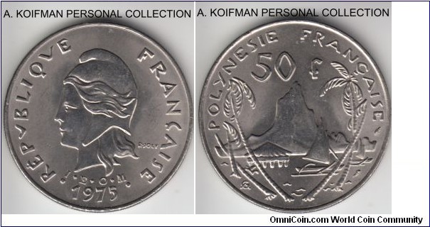 KM-13, French Polynesia 1975 50 francs, Paris mint; nickel, reeded edge; uncirculated, very few bag marks.