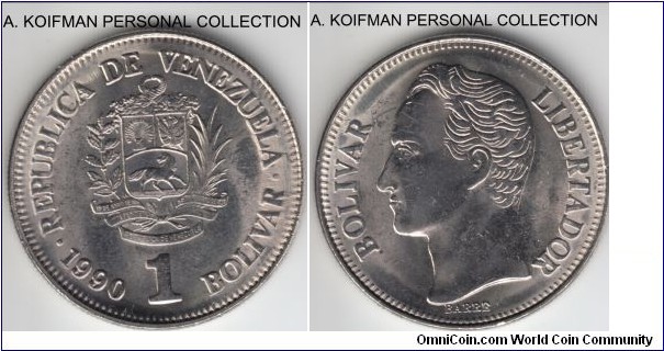 Y#52a.2, 1990 Venezuela bolivar; nickel clad steel, reeded edge; uncirculated or about, these steel coins are usually very poor quality.