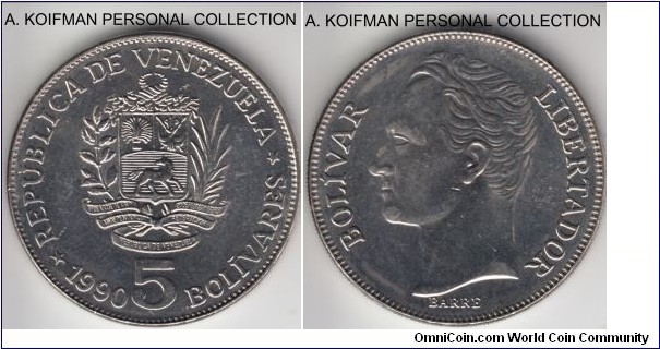 Y#53a.3, 1990 Venezuela 5 bolivars; nickel clad steel, reeded edge; uncirculated or about, steel is notoriously bad in minting.