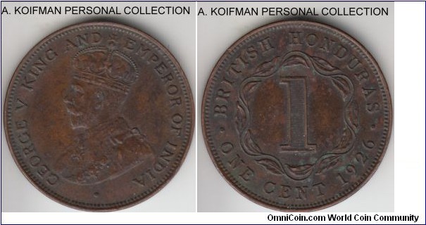 KM-19, 1926 British Honduras cent; bronze, plain edge; good very fine to extra fine but may have been wiped, mintage 50,000, scarce in high grades.