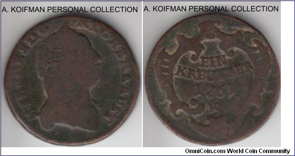 KM-1993, 1761 Austria kreuzer, Kremnitz mint (K mint mark); copper, plain edge; fine to very fine.