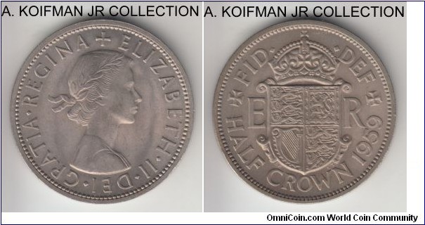 KM-907, 1959 Great britain 1/2 crown; copper-nickel, reeded edge; late Elizabeth II, key year with smaller mintage, toned average uncirculated.