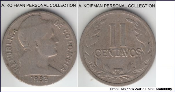KM-198, 1933 Colombia 2 centavos; copper-nickel, plain edge; fine or better, quite circulated.