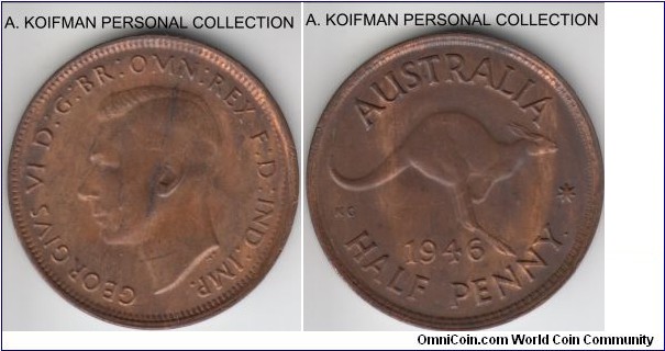 KM-41, 1946 Australia half penny, Perth mint (no mint mark); bronze, plain edge; uncirculated or about, mostly brown.