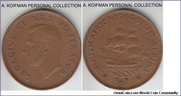 KM-24, 1946 South Africa (Dominion) half penny; bronze, plain edge; brown good very fine or better.