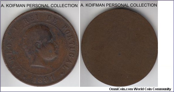 KM-533, 1891 Portugal 20 reis; bronze, plain edge; this coin is uniface, most likely someone patiently filed off the reverse, unusual.