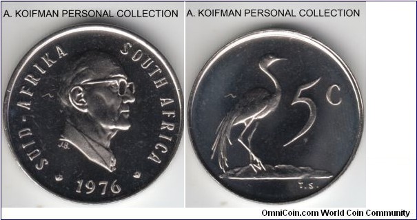 KM-93, 1976 South Africa (Republic) 5 cents in proof; nickel, plain edge; good proof, one year type, mintage 19,000.