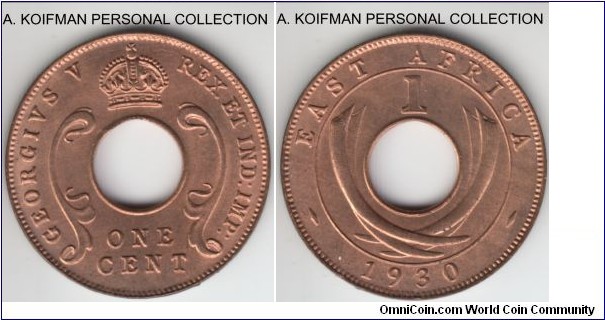 KM-22, 1930 East Africa cent; bronze, plain edge; red bright uncirculated.