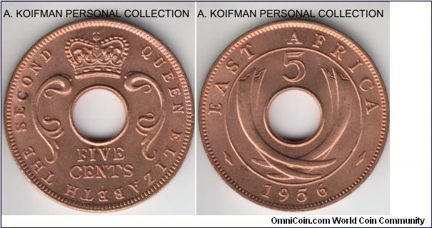 KM-37, 1956 East Africa 5 cents, Heaton (H mint mark); bronze, plain edge; bright red uncirculated, a small carbon spot on obverse.