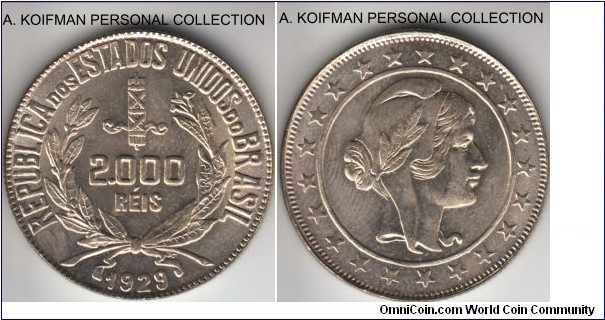 KM-526, 1929 Brazil 2000 reis; silver, reeded edge; uncirculated, some fingerprinting and few bag marks but nice overall? better than the reverse scan suggest.