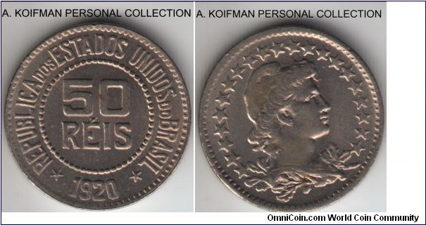 KM-517, 1920 Brazil (Republic) 50 reis; copper-nickel, plain edge; some toning on otherwise uncirculated coin, small mintage of 72,000.