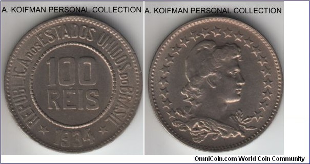KM-518, 1934 Brazil 100 reis; copper-nickel, plain edge; gunmetal grey toned uncirculated.