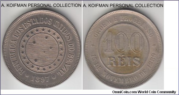 KM-492, 1897 Brazil (Republic) 100 reis; copper nickel, plain edge; extra fine details, obverse had been wiped, spot on reverse which is otherwise nice greyish tone.