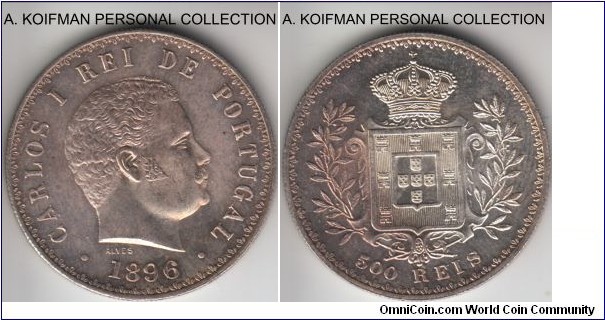 KM-535, 1896 Portugal 500 reis; silver, reeded edge; pleasantly toned uncirculated, good coin.