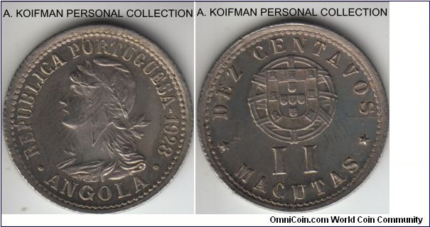 KM-67, 1928 Angola 2 macutas (10 centavos); copper-nickel, reeded edge; uncirculated but multiple die breaks and small lamination spot on reverse.