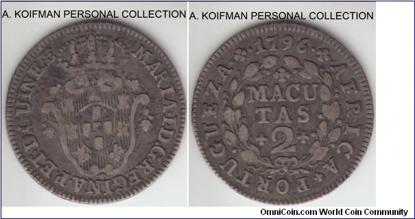 KM-35, 1796 Portuguese Angola 2 macutas; silver, corded edge; good very fine or better, scarce, mintage of 20,000.